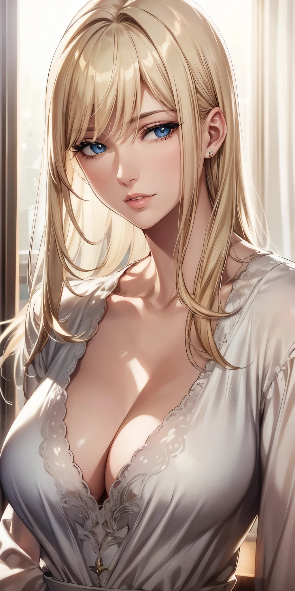 elegant mature woman, blonde hair, blue eyes, 4k resolution, high quality cg, beautiful cg, soft light