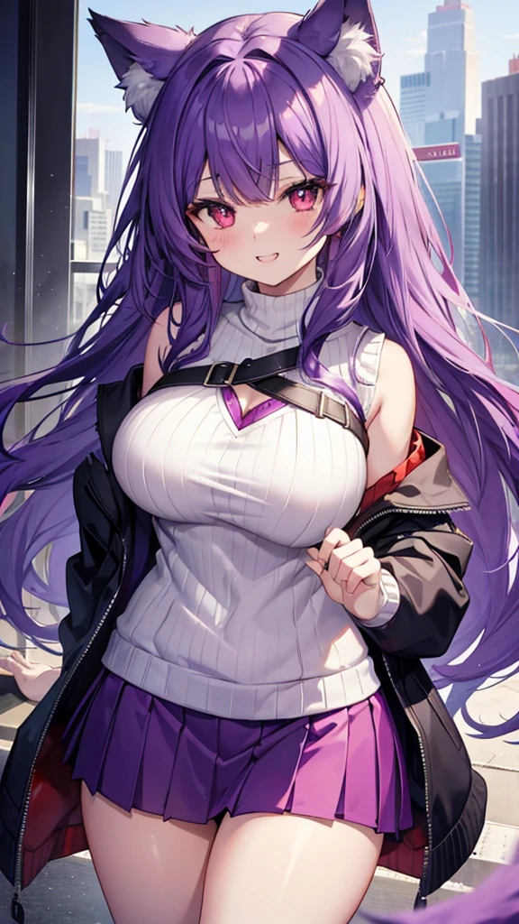 Wolf Girl, Large Breasts, Voluminous purple hair, masterpiece , Red eyes, hd, Thick thighs, Head to Chest, buried in my chest、Double teeth、tooth、Sleeveless sweater、Chubby、Grinning、Shorts、、