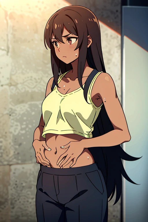 (masterpiece, top quality, best quality), brown skin anime girl wearing a cami top with sleeveless blazer and trousers, famished in hunger, (gently resting hands on stomach), (sweating), (long hair), (hands on her stomach)