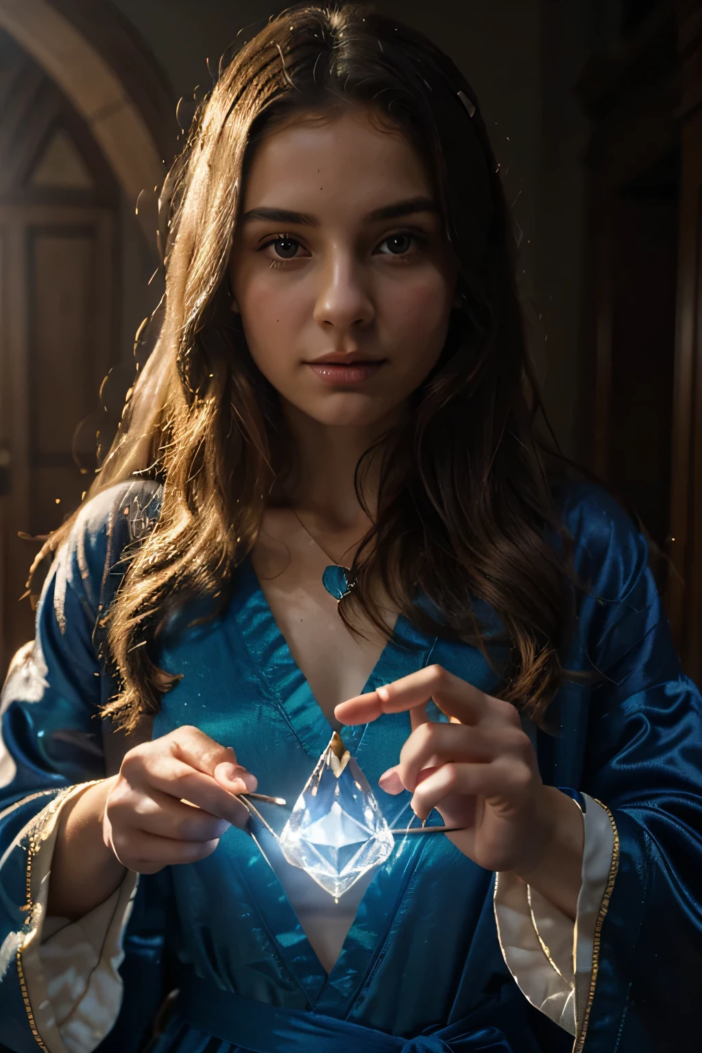 Caucasian girl, wearing a magic robe, holding a magic crystal that is radiating with beautiful light. Realistic, insane details.