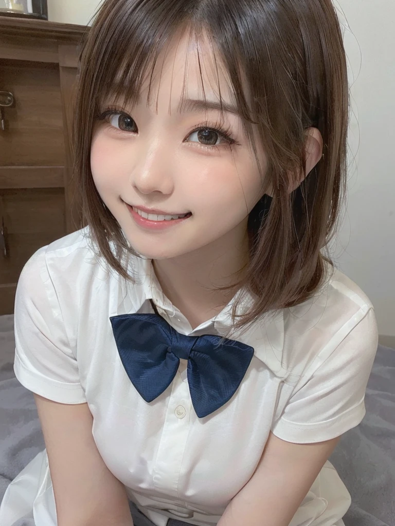 (highest quality、masterpiece:1.2)、highest quality、Realistic、photograph、High resolution、1080p、8k、Translucent white skin, Physical Rendering、((height: 155cm)), One Japanese girl、((((((A beautiful -yeld Jaese magazine fashion model stares out at the viewer)))))), School summer clothes, (((large highly detailed beautiful dark brown eyes))), ((((A striking plain navy large school ribbon bow tie)))), ((((Black, very beautiful, very long, straight hair)))), ((((Light grey box pleated skirt)))), ((Yellow-ivory blouse with puffy short sleeves and ruffles)), (((((((Looking at me with a cute smile!))))))), Detailed fingers, (((Curled bangs))), ((とても大きくてcute目, Carefully drawn with meticulous attention to detail)), ((double eyelid)), (((Long eyelashes))), ((cute、Adorable、Adorable、laughing、laughing頬)), ((Pure white light hits her face from above and in the front., Makes her skin and eyes look beautiful and radiant.)), ((Strong light hitting nose and cheeks、Bring out the richness of expression.)), ((スカートはとてもcuteです)), (((((彼女の顔の特徴は非常に表情豊かでAdorable笑顔です, すごくcute, Very very clever.))))), (((Shooting from the side)))