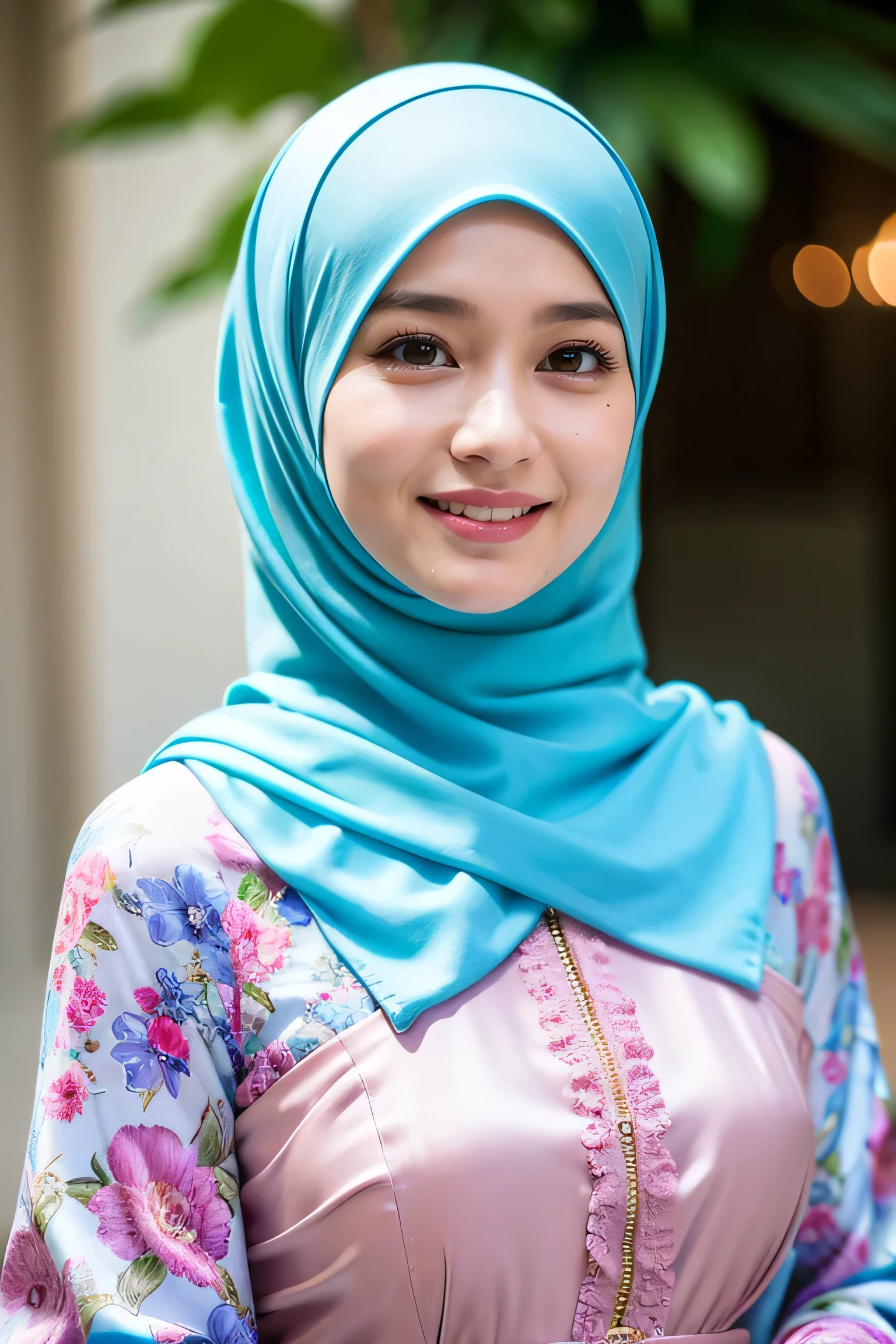 Luna Maya, (RAW photo:1.2), (photorealistic:1.4),(masterpiece:1.3),(best quality:1.4),ultra high res,(detailed eyes),(detailed facial features),(detailed clothes features),HDR,8k resolution, skin tight, (((high detailed skin,visible pores))), dreamlike, (ulzzang-6500-v1.1:0.5),pureerosface_v1:0.2, face close-up, 1 girl, tall body, slim faces, body abs:1.2, , 30 years old, wearing tight close pastel floral silk malay gamis with hijab, full body, beautiful shy smile, wearing high heels