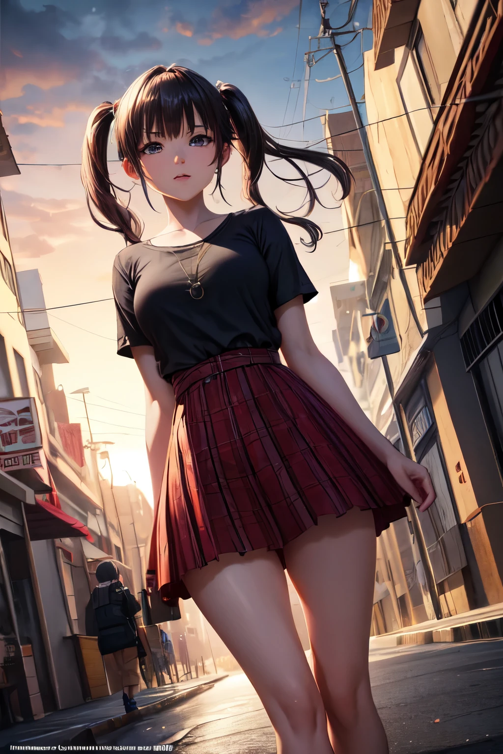 A woman in a short skirt is walking down a street - SeaArt AI