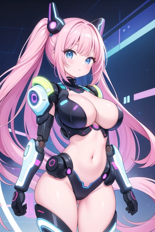 Une femme, 25 ans, mangas, cheveux longs, cheveux multicolores, beaucoup de Détails, monde futuriste, Neon lights, armure robotique