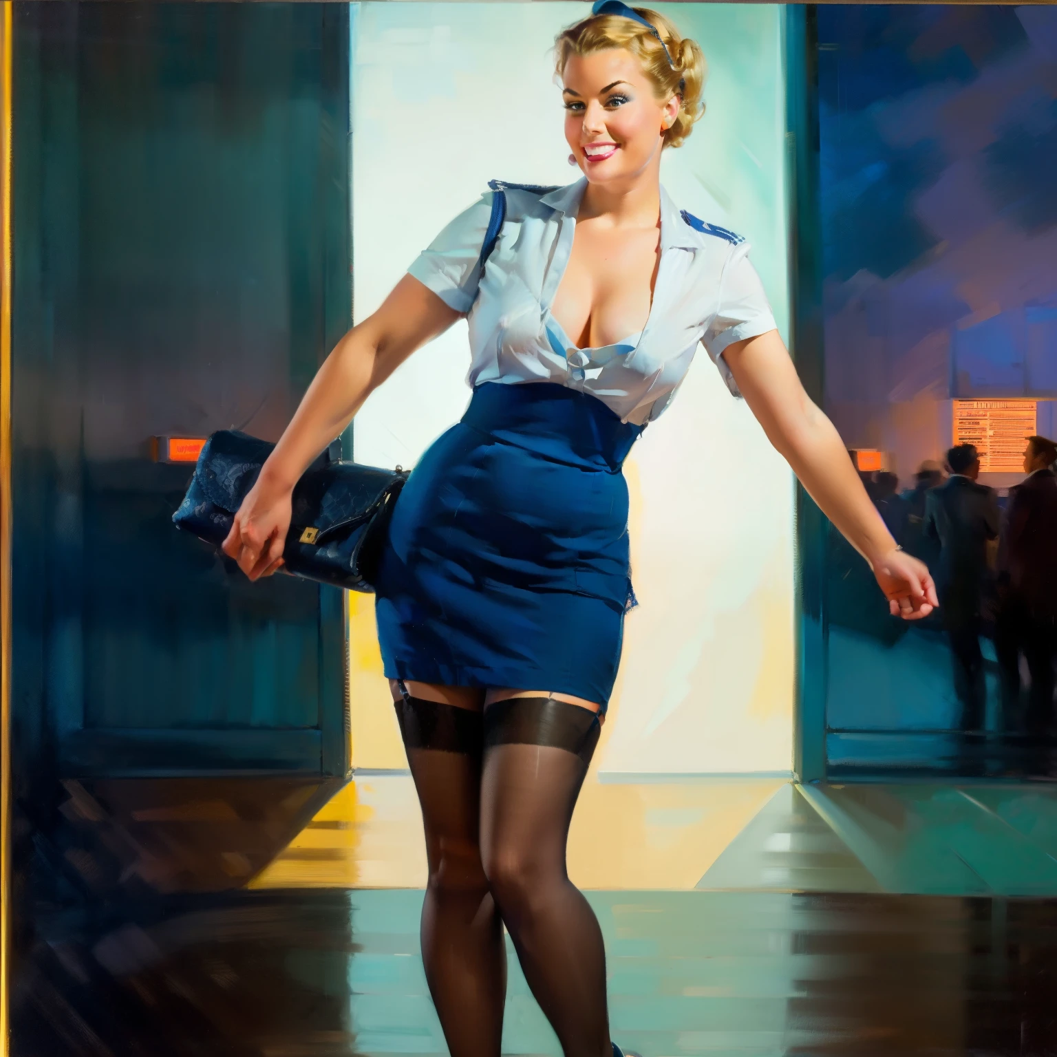 nsfw, photorealistic, beautiful face, (masterpiece:1.4), (best quality:1.4), extremely detailed, hyper-detailed, soft lighting, 38 years old beautiful 1950's pin-up flight attendant walking with a travel bag in her hand through an airport, big breasts, erected hard nipples, one short blonde hairbun, shaved pubic area, (perfect_face), dressed in an unbuttened darkblue flight attendant uniform, stewardess, lace stockings with suspender belt, high heels, golden jewellery, intricate, 4k, detailed_background, full_body, realistic, 8k, sexy, stressed smile, very stressed facial expression
