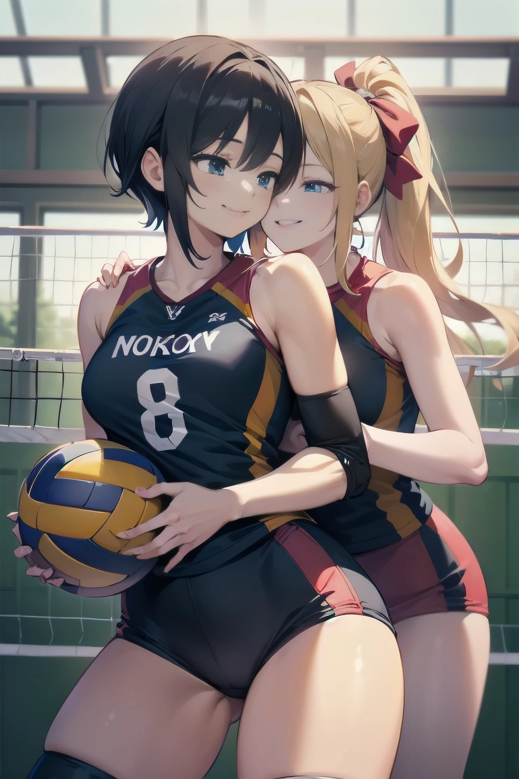 unity 8k wallpaper, anatomically correct, (((masterpiece))), (((best quality))), (((ultra detailed))), (((high-resolution))), ((super fine illustration)), ((Ultimate cutie)), detailed beautiful face, shiny hair, 18 years old, ((potbelly)), (curvy), medium breasts, ((Thick thighs)), sleeveless volleyball uniform, ((buruma)), ((knee pad)), (elbow pad), ((hold volleyball)), ((hold a 6-inch volleyball)), cowboy shot, in volleyball court, in school gymnasium, 
BREAK, (Yuri), 2girls_A_and_B, A girl_have_{{blond ponytail}}_{hair bow}_{{happy}}_{smile}, 
BREAK, B girl_have_{black short hair}_ {hair bow}_{{{smirk}}}