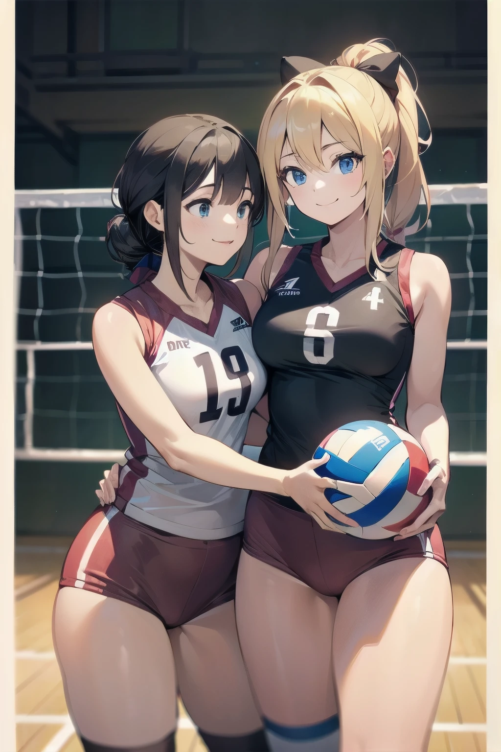 unity 8k wallpaper, anatomically correct, (((masterpiece))), (((best quality))), (((ultra detailed))), (((high-resolution))), ((super fine illustration)), ((Ultimate cutie)), detailed beautiful face, shiny hair, 18 years old, ((potbelly)), (curvy), medium breasts, ((Thick thighs)), sleeveless volleyball uniform, ((buruma)), ((knee pad)), (elbow pad), ((hold volleyball)), ((hold a 6-inch volleyball)), cowboy shot, in volleyball court, in school gymnasium, 
BREAK, (Yuri), 2girls_A_and_B, A girl_have_{{blond ponytail}}_{hair bow}_{{happy}}_{smile}, 
BREAK, B girl_have_{black short hair}_ {hair bow}_{{{smirk}}}