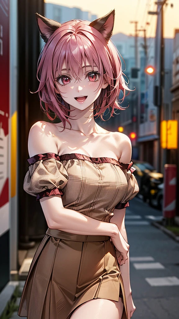 (masterpiece:1.2, highest quality), (Realistic, photoRealistic:1.4), Beautiful illustrations, (Natural Side Lighting, Cinema Lighting), Browsing Caution,
View your viewers, Face Focus, Upper Body, 1 girl, Japanese, high school girl, Perfect Face, Cute and symmetrical face, Shiny skin,
(short hair:1.2, Messy Hair:1.2, Pink Hair), Hair between the eyes, Red eyes, Slanted Eyes, Long Eyelashes, (Large Breasts:0.8), thin, Cat ears beautiful hair, Beautiful Face, Beautiful fine details, Beautiful clavicle, Beautiful body, Beautiful breasts, Beautiful thighs, Beautiful feet, Beautiful fingers,
((Detailed cloth texture, Off-the-shoulder short-sleeve beige blouse, Red checkered high waist skirt), Dark red neck ribbon),
(Beautiful views), summer, evening, (Outdoor), walking, (Cute smile, Open your mouth),
