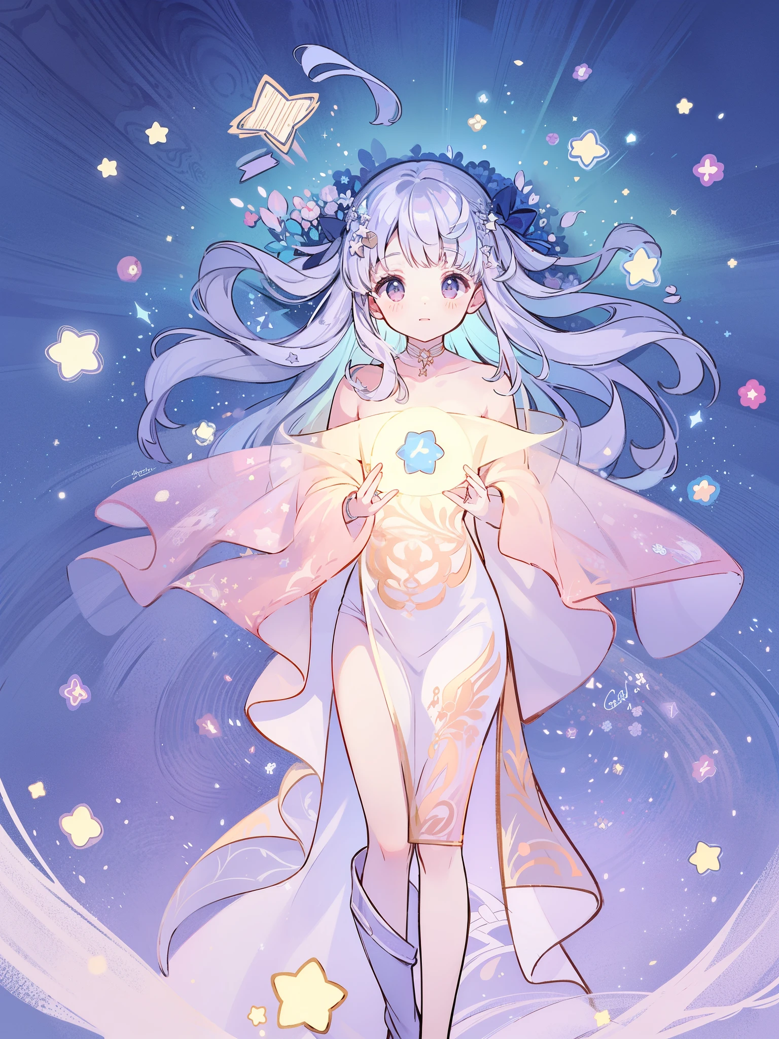 complex background, wishing star background, a woman wearing an ethereal mystical pink translucent dress that reflects the stars, perfume promo art, mystic, complex drawing, highly detailed, Covergirl brand, promo art, artistic rendition, ethereal, starry night, midjourney style