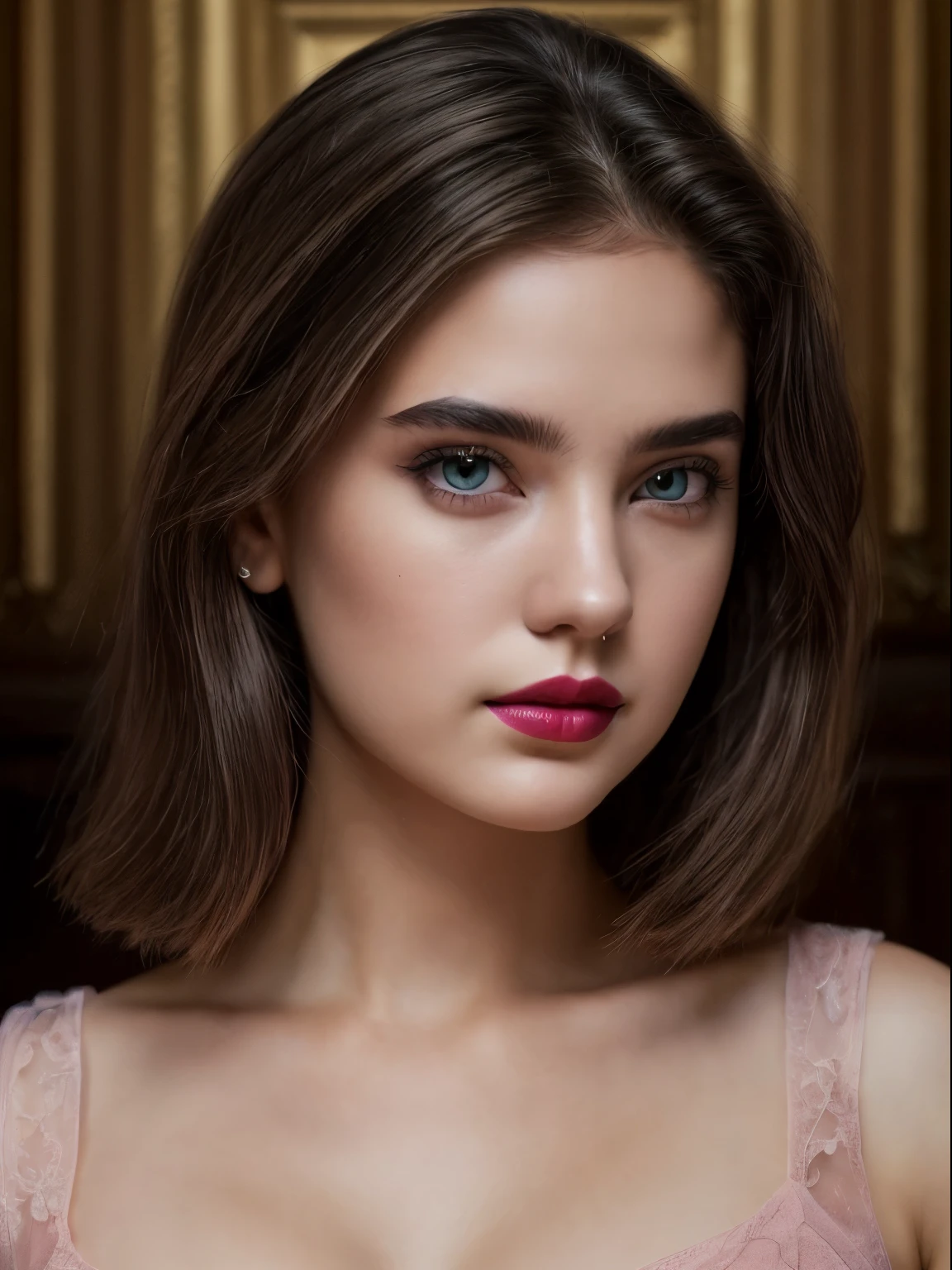 (Best quality,8K,A high resolution,Masterpiece:1.2, DSLR, 16k ),Ultra-detailed,(Realistic,Photorealistic,photo-realistic:1.37),Portrait, Creative style artwork, Historical, classical, Sophisticated, plethora of colors ,Highly detailed, Soft lighting, luxurious environment , black dress, there is young woman , girl wearing a red classy royal dress, performing a music video, slim fit (oval perfect shape, asymmetrical face structure, perfect proportion, almond eye type, hazal eye color, detailed eyes, blue hair color, 32 inch breasts, hourglass figure, slim body, pale white skin tone ,sexy girl, 25 years old, soft wavy hair, looking away, attitude expression, professional makeup, pink lips)