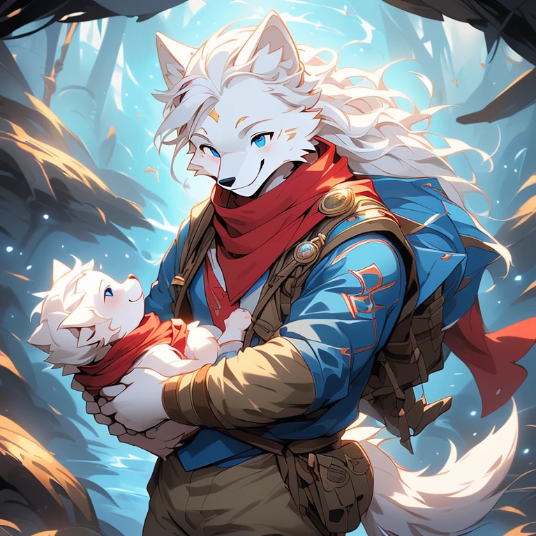 1guy (Male yellow-gold wolf, (dark-blue eyes, (adventure, fantasy type clothing ((no scarf), red-shirt blue jacket, khaki pants)))(smiling (calm)) (looking at baby girl infant)), holding cradling (baby girl (white wolf, (pale-blue eyes, medium length white hair, crimson scarf)) (giggling) (lookingatviewer))