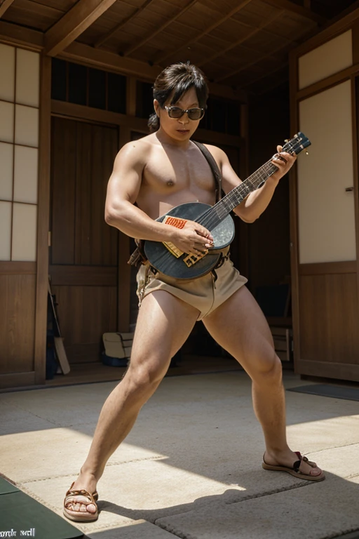 a Photorealistic wide shot of Japanese actor Shintaro Katsu as his character Zatoichi playing heavy music, dancing  wearing traditional Japanese sandals playing a Banjo and wearing aviator sunglasses