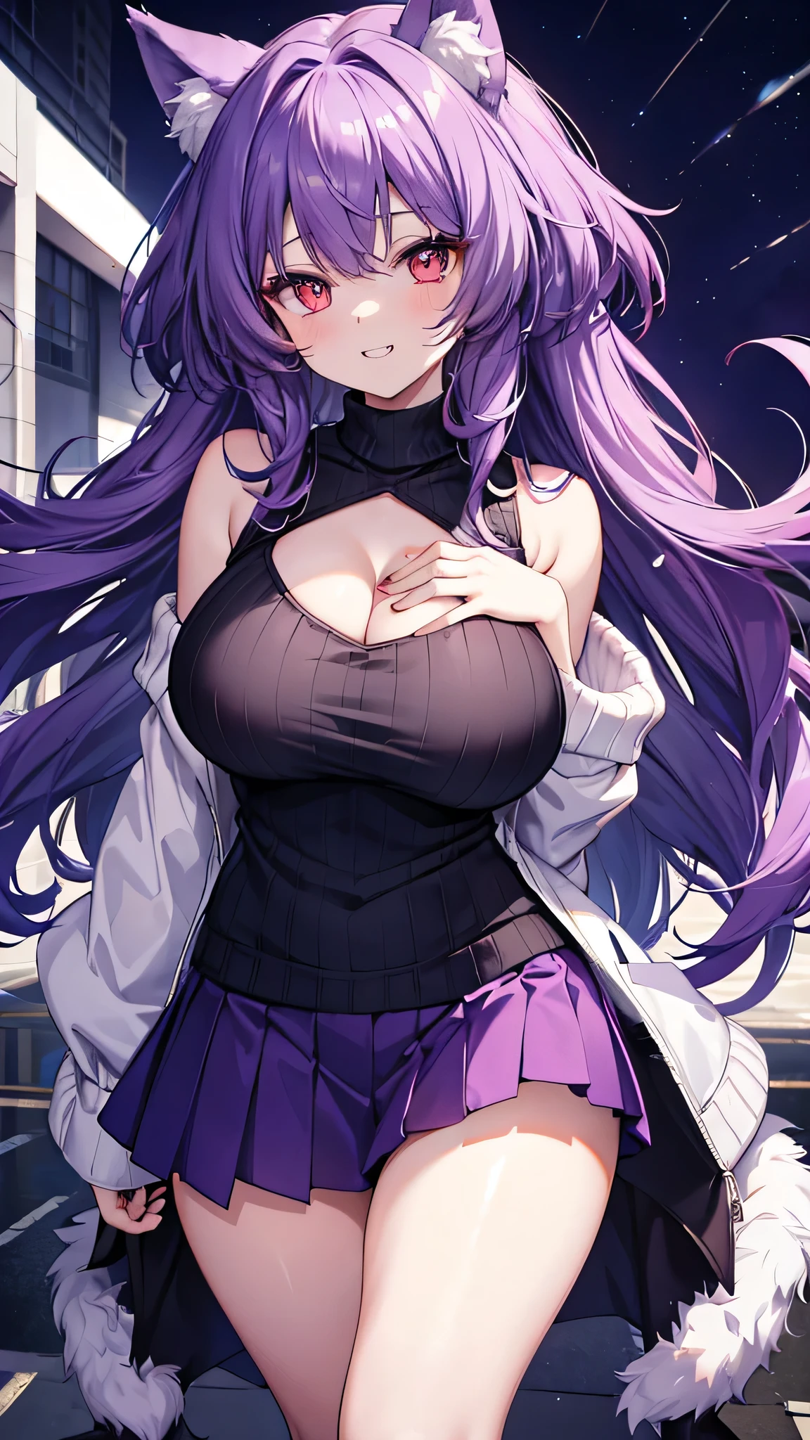 Wolf Girl, Large Breasts, Voluminous purple hair, masterpiece , Red eyes, hd, Thick thighs, Head to Chest, buried in my chest、Double teeth、tooth、Sleeveless sweater、Chubby、Grinning、mini skirt、