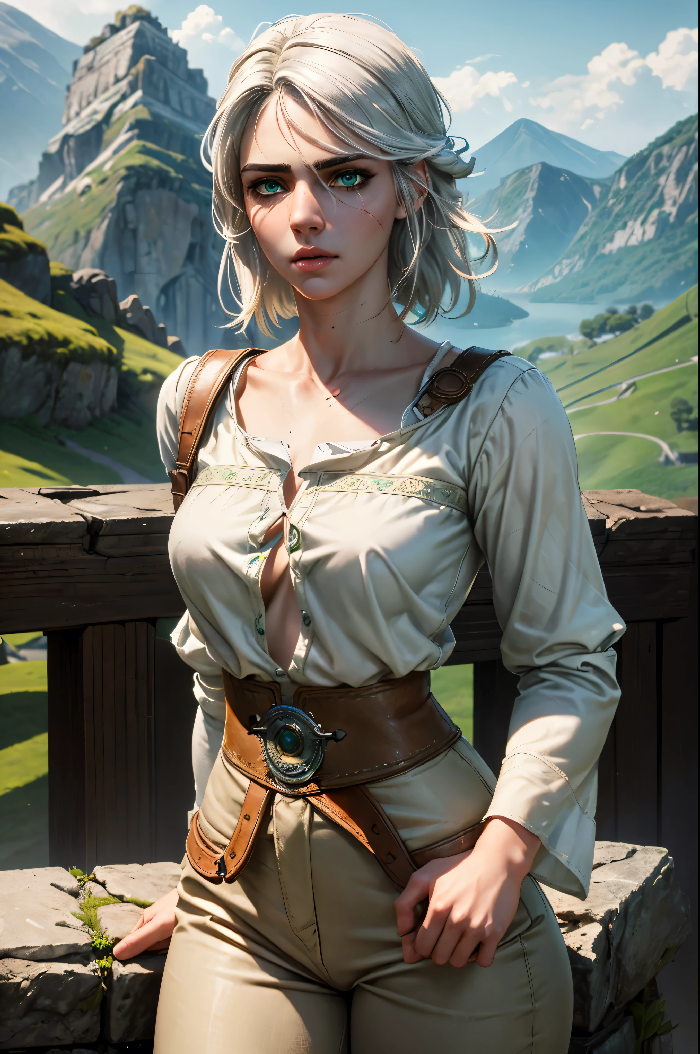 (masterpiece, best quality:1.2), expressive eyes, perfect face, highres, 1girl, solo, W3Ciri, white hair, green eyes, scar on face, white shirt, long sleeves, (brown pants), serious face, landscape, standing, upper body portrait, looking at the viewer