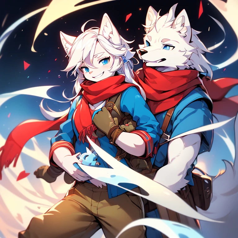 ( Absurdly , High quality , ultra detailed ) ,( hand detailed ) , 1guy, solo, mature, crystal eyes ( eye detailed ) (Male yellow-gold wolf, (dark-blue eyes, (adventure, fantasy type clothing ((no scarf), red-shirt blue jacket, khaki pants)))(smiling (calm)) (looking at )), holding cradling (baby girl (whitlf, (pale-blue eyes, medium length white hair, crimson scarf)) (giggling) (lookingatviewer))