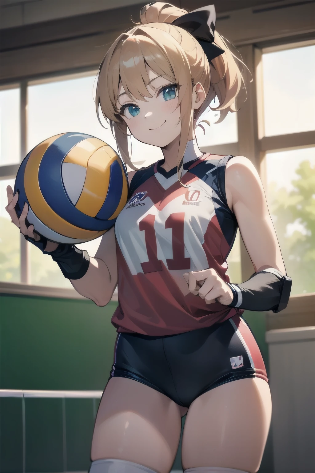 unity 8k wallpaper, anatomically correct, (((masterpiece))), (((best quality))), (((ultra detailed))), (((high-resolution))), ((super fine illustration)), ((Ultimate cutie)), detailed beautiful face, shiny hair, 18 years old, ((potbelly)), (curvy), medium breasts, ((Thick thighs)), sleeveless volleyball uniform, ((buruma)), ((knee pad)), (elbow pad), ((hold volleyball)), ((hold a 6-inch volleyball)), cowboy shot, in volleyball court, in school gymnasium, 
BREAK, (Yuri), 2girls_A_and_B, A girl_have_{{blond ponytail}}_{hair bow}_{{happy}}_{smile}, 
BREAK, B girl_have_{black short hair}_ {hair bow}_{{{smirk}}}