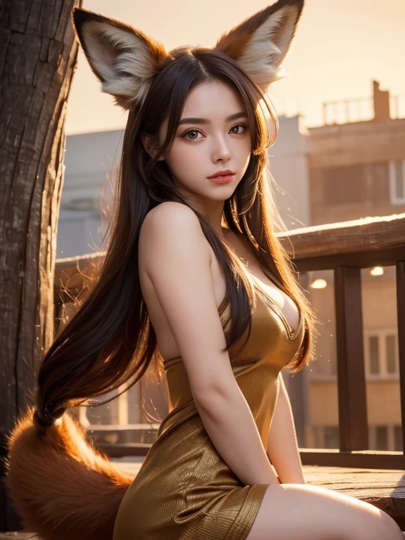 ((highest quality, 32k)), ((masterpiece)), (Get used to it), Perfect Face, Fox Girl, Beautiful woman, public, Has a tail, She has a fox's tail, She wags her fluffy tail, smile, collar, She wears a business suit, Beautiful hip line, A tail sticking out from a business suit