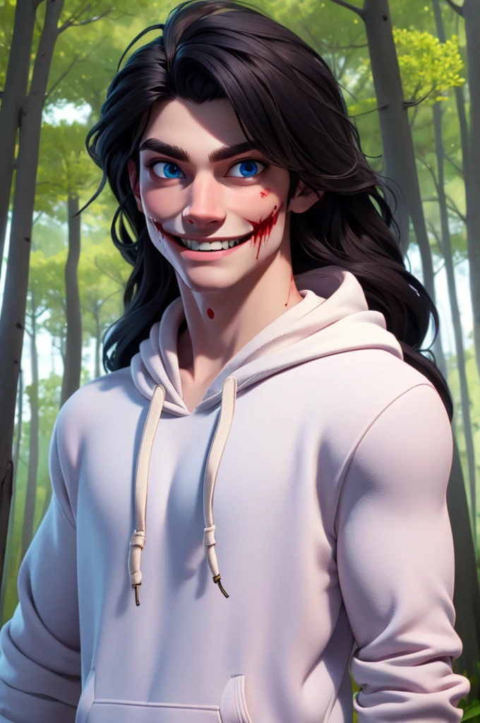 man, male, jeff, black long hair, slit smile, bloody smile, blue eyes, white hoodie, pale white skin, in the woods
