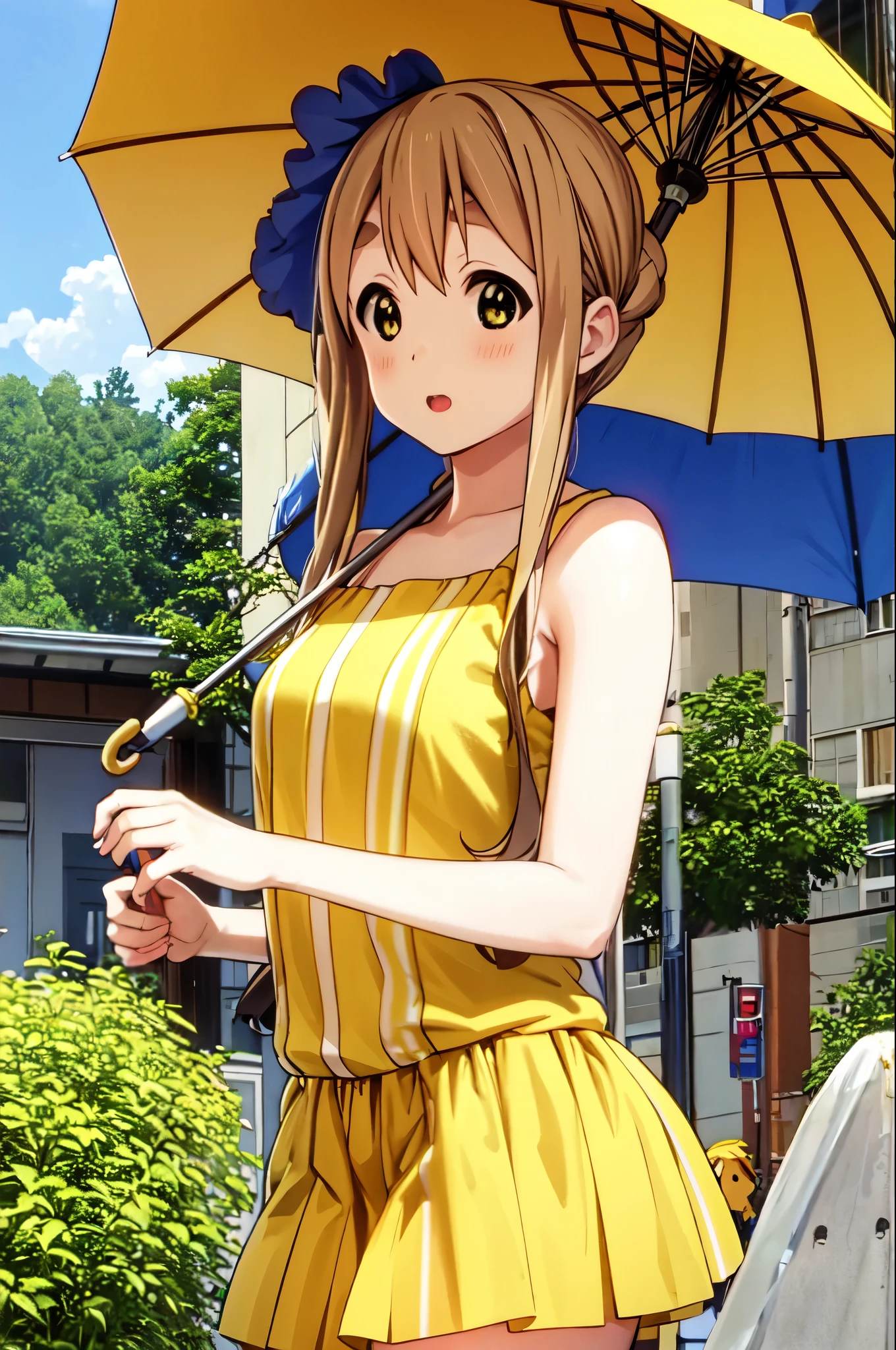 Tsumugi kotobuki, brown hair, yellow hairpin, flat chest, yellow hair band, umbrella, looking at viewer