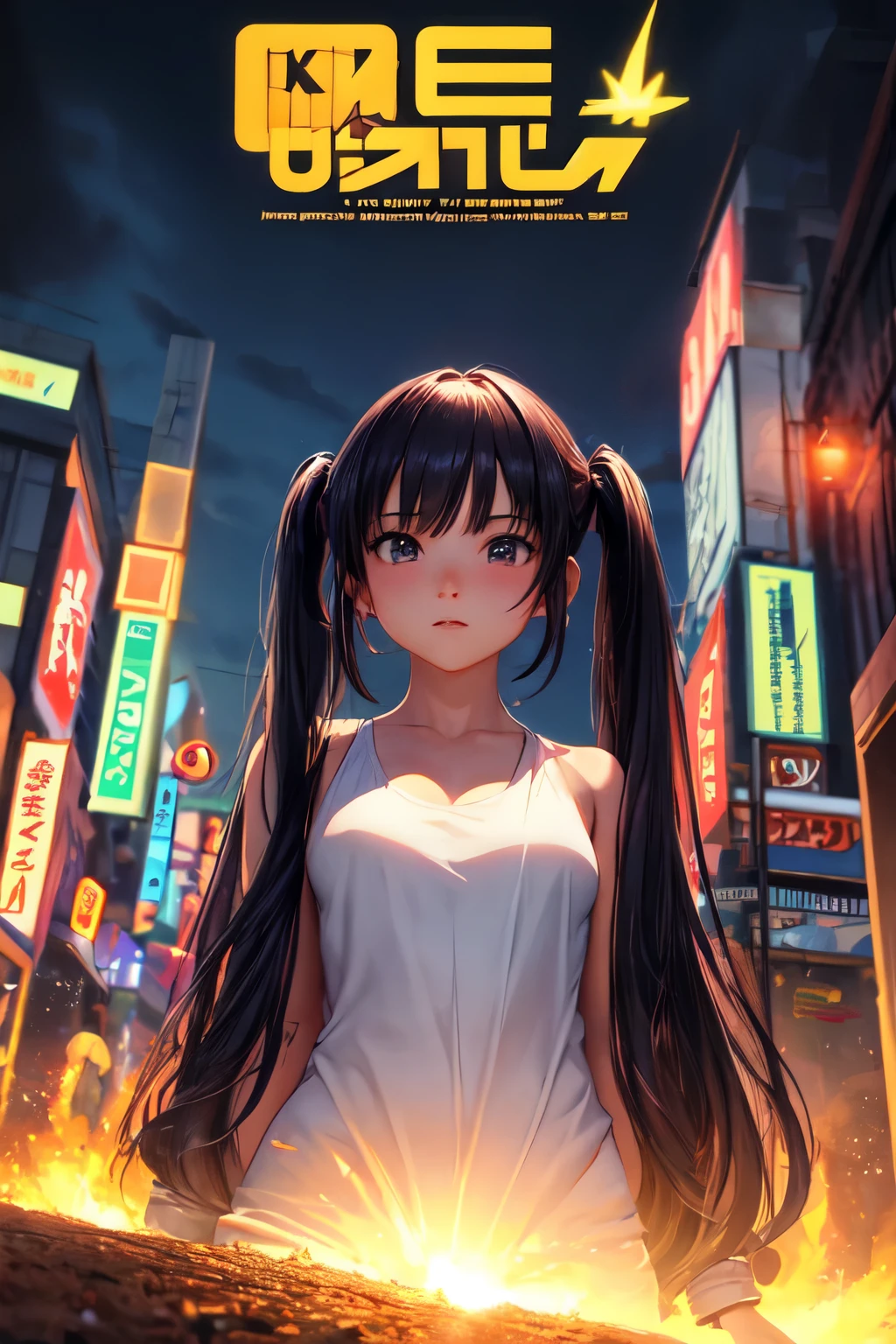 obra de arte, melhor qualidade, HuTaoV4, 1 garota, Sozinho, corar, twintails, Cabelo longo, cabelo entre os olhos, ((roupas de rua)), cidade, ao ar livre, noite, Movie poster, 8K extremamente detalhado, suave, high resolution, ultra qualidade, cinematic lighting, Ambient Occlusion, High definition, 2k, 4K, 8k, 16K, anime extremamente detalhado, rostos detalhados, perfect composition, plano amplo, Atmospheric lighting, saia elevadora,  saia curta, muito sexy
