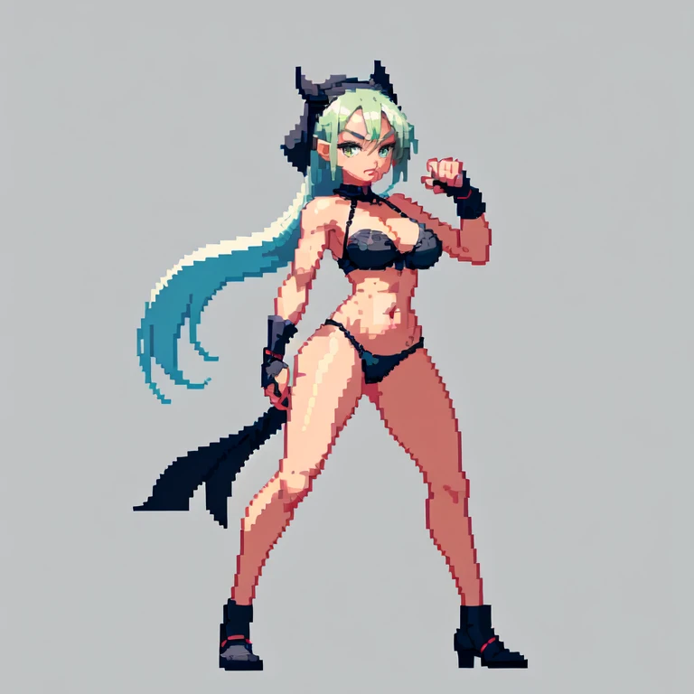 (masterpiece, top quality, best quality), pixel,pixel art,1girl,grey thong,grey bandana,hair horsetail,bosom,punch power,full body,