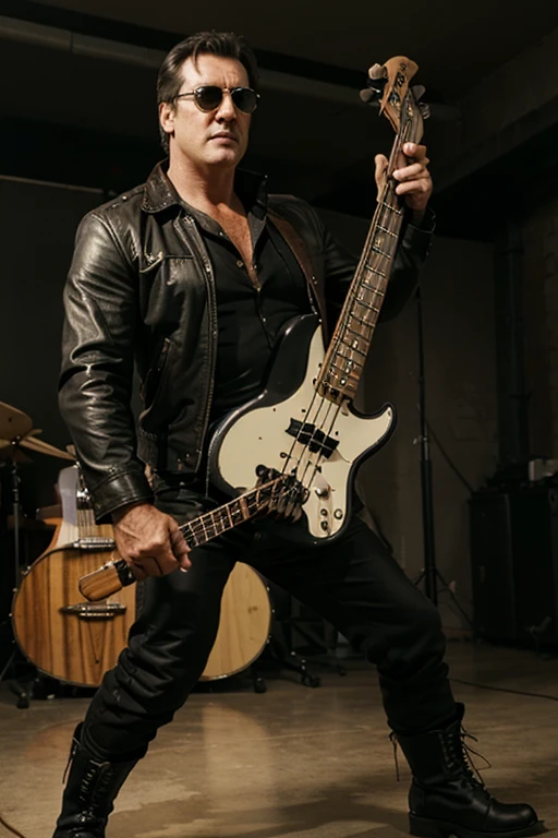 a Photorealistic wide shot of actor Bruce Campbell as his character Ash Williams playing heavy music, dancing  wearing black work boots, playing a bass guitar and wearing aviator sunglasses