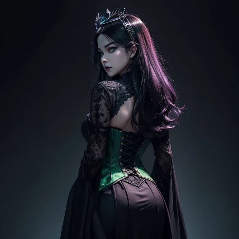 (Halloween theme:1.3), (fantasy:1.3), (evil queen:1.3), (black long hair:1.3), (dead blue and green color eyes:1.3), (villian queen fangs:1.3), (extremely pretty and beautiful evil queen:1.3), BREAK, Beautiful illustration, top-quality, (cute korean villian queen:1.3, medieval:1.3), having magic features, (Evil queen:1.5), BREAK, (death eyes:1.5, pale skin:1.1), (beautiful, 20 years old:1.5), slim, slender, (big sagging breasts), (clean face:1.3), (queen fangs:1.3), (black hair:1.3), (dark hair:1.3), (long hair:1.3), BREAK, (dark purple elegant full lacy gothic dress), (corset), (purple medieval fantasy tudor dress), pin-hells), (insanely detailed clothes), (Tudor fashion), BREAK, ((arms behind back:1.5)), blue and green dark death color eyes, diferent color eyes, heterocrhomia, lovely thighs, (jisso of blackpink:1.3), (looking straight at the viewer), (view viewer:1.3), (upper body:1.3), top angle, fantasy black background, (((dark background:1.5))), (halloween:1.5), (halloween background:1.5), (low-key lighting, (moody ambiance):1.2, dark shadows, subtle highlights, purple magic lights, mysterious aura), (kim jisoo from blackpink),