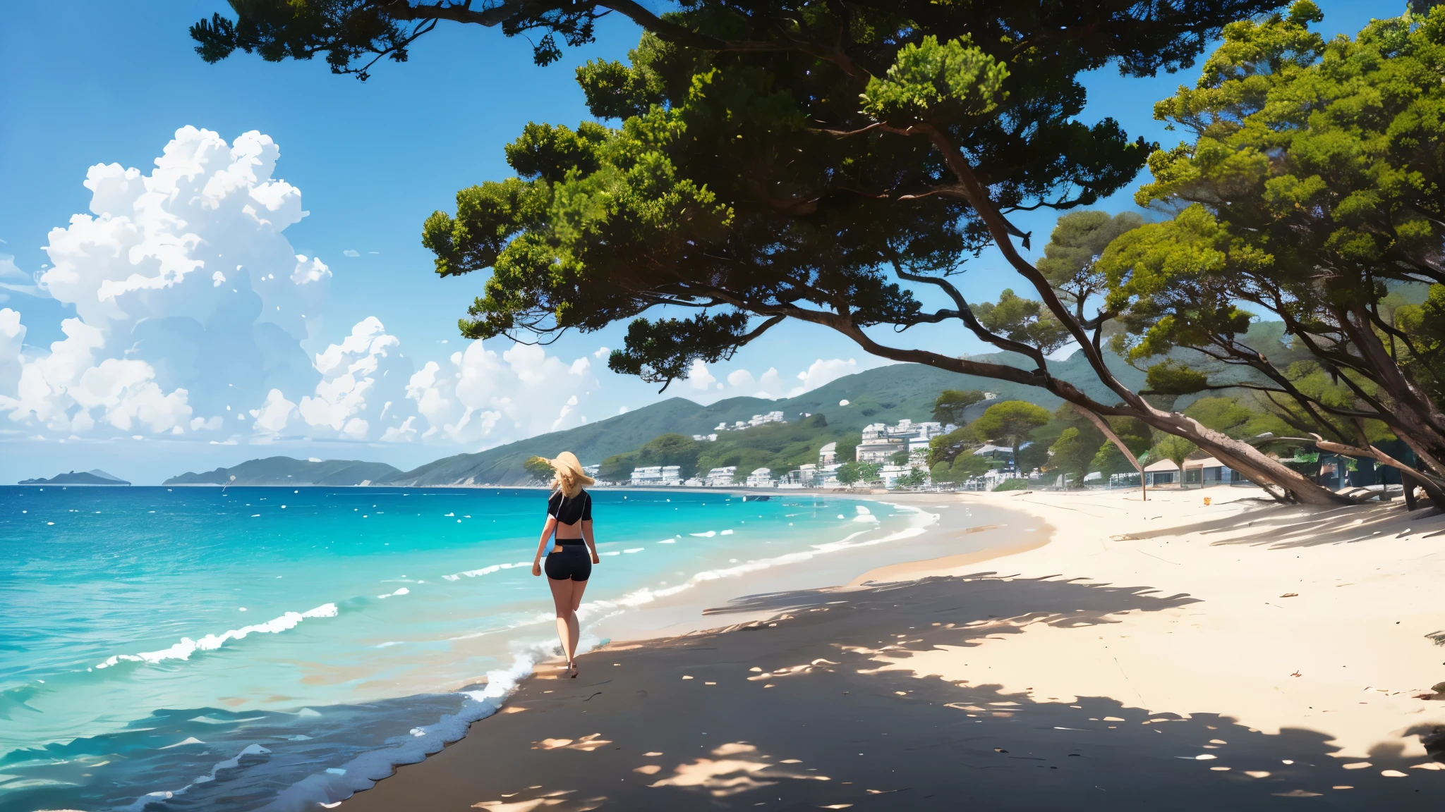 a very beautiful beach full of mansions on the right side, uma ilha do lado esquerdo, some trees like pine trees, a blue-green sea and a beautiful blonde girl looking back while walking forward