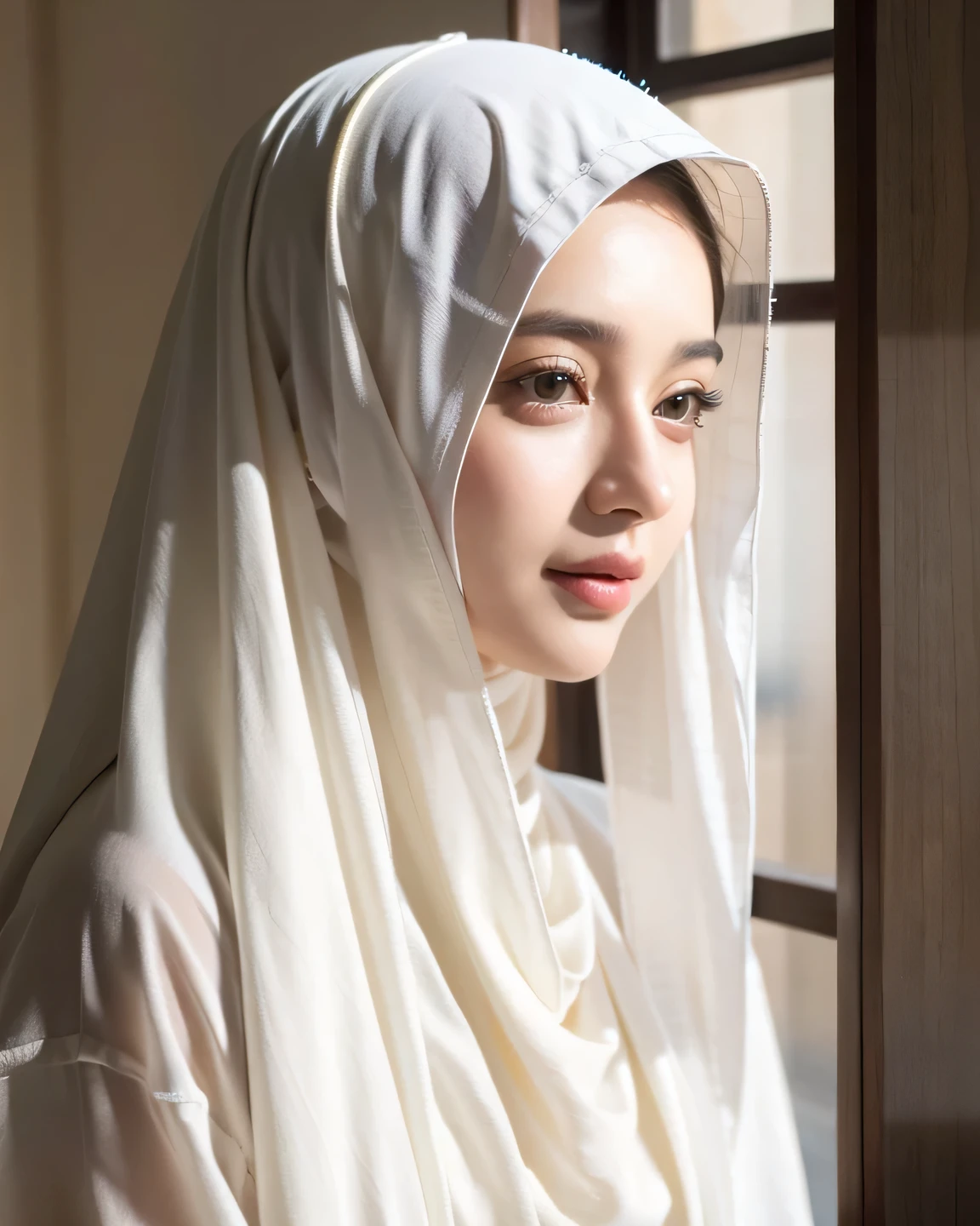 there is a arabic woman wearing a hijab smile looking out a window, hijab, veiled, white hijab, veiled face, beautiful delicate face, very beautiful girl, lovely delicate face, pale-skinned persian girl, beautiful, beautiful arab woman, high quality portrait, portait photo profile picture, traditional beauty, very extremely beautiful, muslim, beautifully, beautiful girl, beautiful image