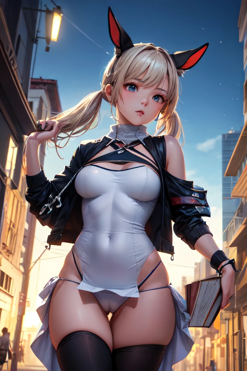 obra de arte, melhor qualidade, HuTaoV4, 1 garota, Sozinho, corar, twintails, Cabelo longo, cabelo entre os olhos, ((roupas de rua)), cidade, ao ar livre, noite, 8K extremamente detalhado, suave, high resolution, ultra qualidade, cinematic lighting, Ambient Occlusion, High definition, 2k, 4K, 8k, 16K, anime extremamente detalhado, rostos detalhados, perfect composition, plano amplo, Atmospheric lighting, bunda grande, saia elevadora, saia curta, muito sexy