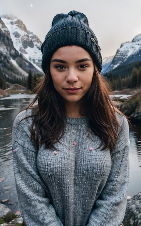 photograph, photo of beautiful woman, selfie, upper body, solo, wearing pullover, outdoors, (night), mountains, real life nature, stars, moon, cheerful, happy, gloves, sweater, beanie, forest, rocks, river, wood, smoke, fog, looking at viewer, skin texture, photo grain, close up, RAW photo