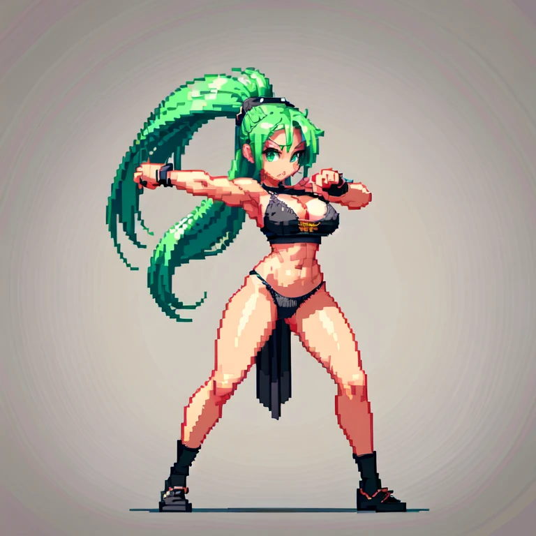 (masterpiece, top quality, best quality), pixel,pixel art,1girl,grey thong,grey bandana,hair horsetail,bosom,punch power,full body,