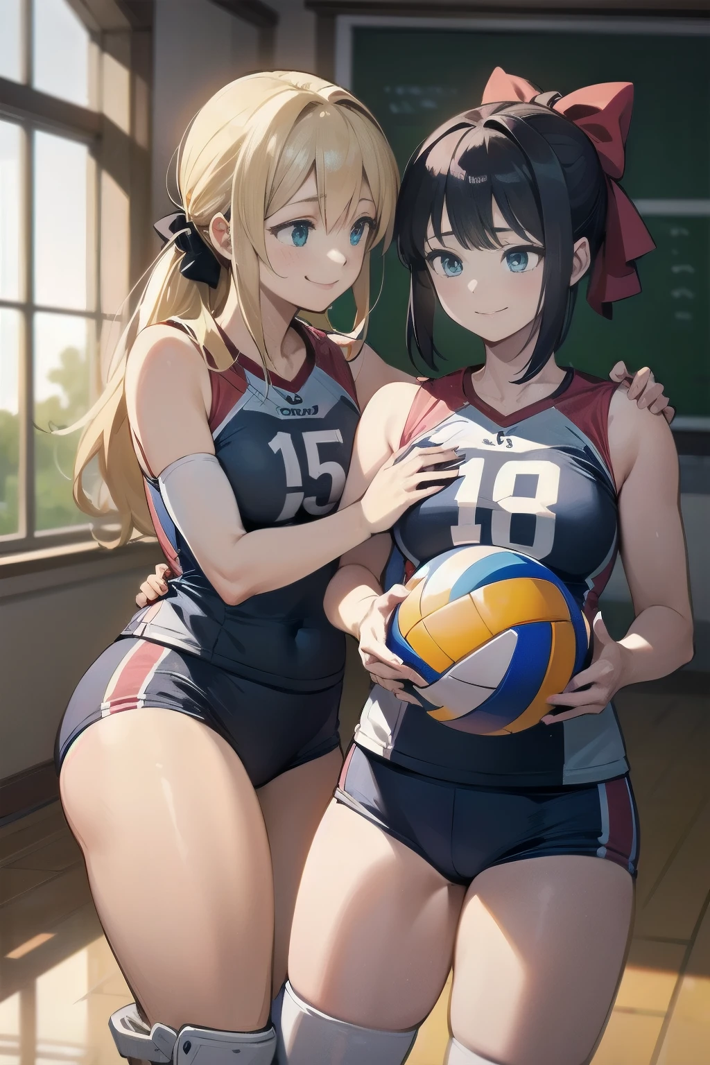 unity 8k wallpaper, anatomically correct, (((masterpiece))), (((best quality))), (((ultra detailed))), (((high-resolution))), ((super fine illustration)), ((Ultimate cutie)), detailed beautiful face, shiny hair, 18 years old,((blush)), ((potbelly)), (curvy), medium breasts, ((Thick thighs)), sleeveless volleyball uniform, ((buruma)), ((knee pad)), (elbow pad), ((hold volleyball)), ((hold a 6-inch volleyball)), cowboy shot, in volleyball court, in school gymnasium,
BREAK, (Yuri), 2girls_A_and_B, A girl_have_{{blond ponytail}}_{hair bow}_{{happy}}_{smile},
BREAK, B girl_have_{black short hair}_ {hair bow}_{{{smirk}}}