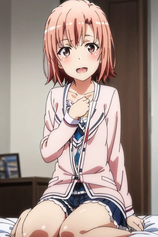 ((highest quality)), ((masterpiece)), (be familiar with), Perfect Face, indoor, Bedroom, Watching the audience,
One woman, Yuigahama Yui,
Open Mouth, Ecstatic expression, blush, smile,
Small breasts, Flat Chest, Young Girl, , , Girl,
Short Hair, Salmon-colored hair, Salmon-colored eyes, Side Pony,
Leg spread,