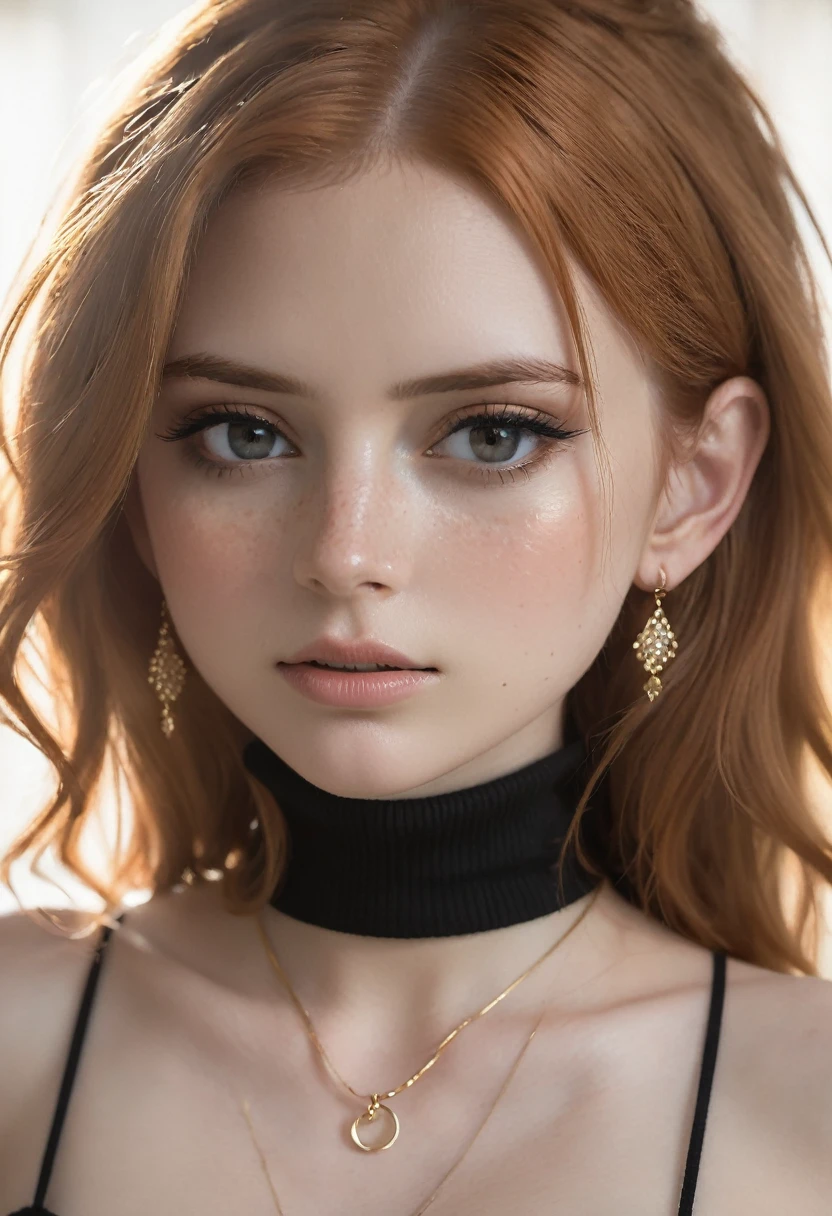 source_anime, (((extreme close up of burst of light, wool turtleneck sweater))) 1girl 18yo, backlighting, bare shoulders, black choker, blurry background, blush, breasts, choker, cleavage, closed mouth, collarbone, earrings, forehead, freckles, hair over shoulder, jewelry, long hair, looking down, pointy nose, lips glossy, shadow, solo, thick eyebrows, thick eyelashes, upper body, ginger hair, ((masterpiece))