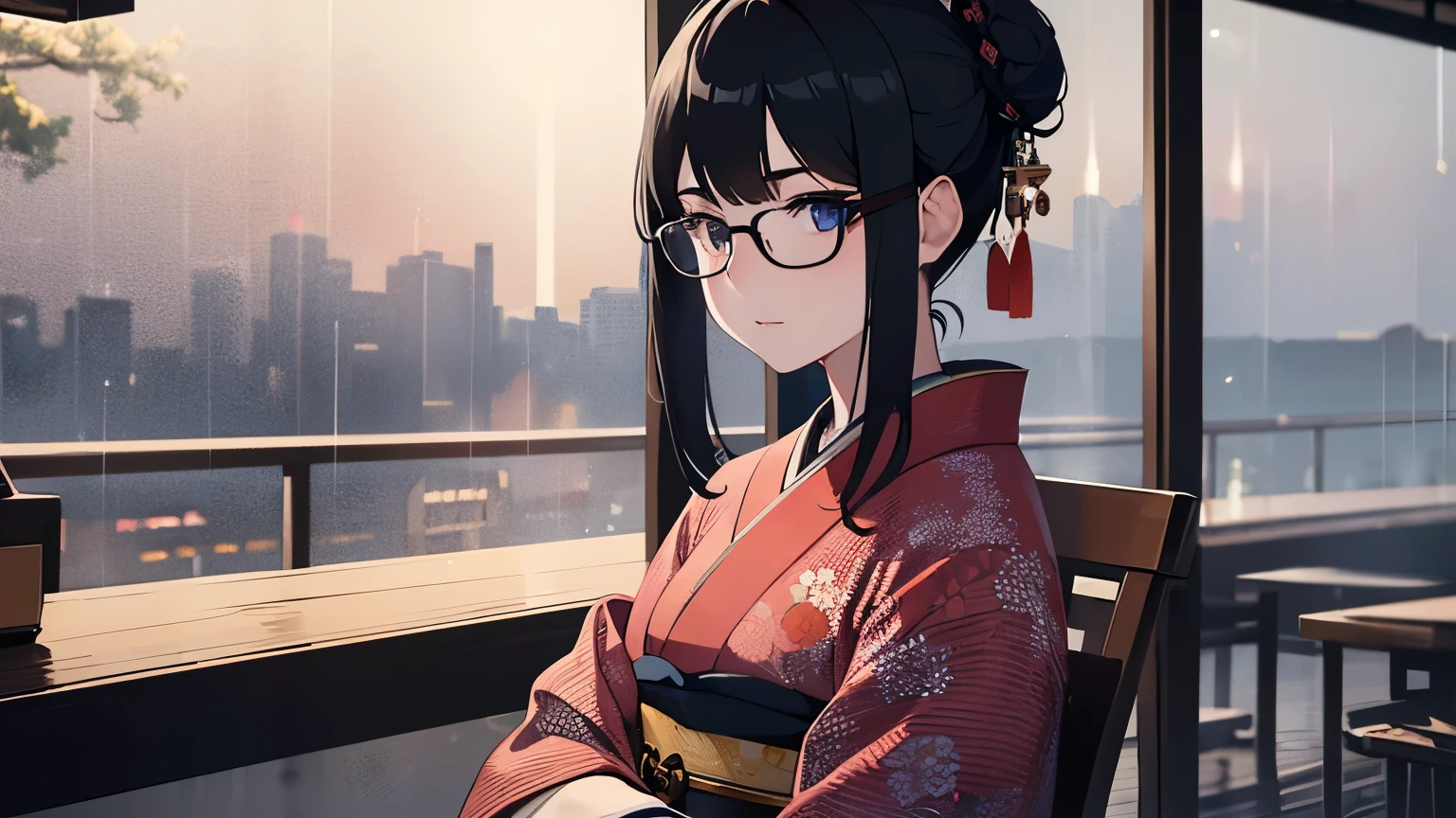(1girl:1.3), Masterpiece, Best quality, amazing beauty, [[3D]], 4K, absurdres, finely detail, super detailed eye, perfect anatomy, official art, A beautiful girl looking into the distance in a traditional Japanese cafe, Warm lighting, Wearing a kimono, A kimono with a vividly colored pattern, Outside, the rain is falling quietly, Japanese anime style, hair bun, black hair, super shiny detailed black eye, pale skin, detailed skin, evening,Glasses,　Sitting in a chair, Overall composition seen from a distance, Dark Eyes, Relaxed atmosphere, Lo-fi