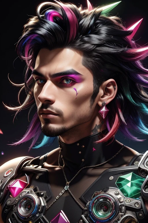 1 rapaz jovem,macho , cabelo de cores punk, slightly messy black hair,olhos vermelhos, Estilo escuro, neon glowing rainbow background, rainbow gems, gemtech 