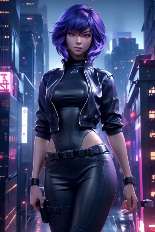 foling on rdge building, top view, Motoko Kusanagi from Ghost in the Shell , detailed face expression, beautiful detailed purple eyes, open clothes, open black jacket, black costume, cropped legs, beautiful detailed lips, long eyelashes, ,dramatic lighting, realistic colors, highres, vivid colors, stunning background, 8K image quality, Masterpiece