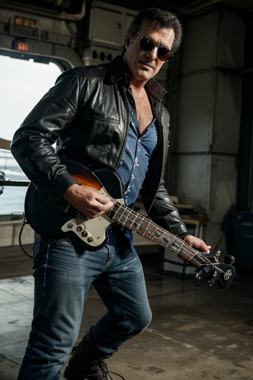 a Photorealistic wide shot of actor Bruce Campbell as his character Ash Williams playing heavy music, dancing wearing black work boots and a blue button down shirt, playing a bass guitar and wearing aviator sunglasses on a flight deck of an aircraft carrier