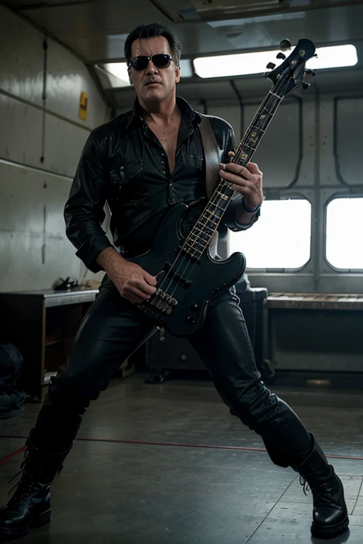 a Photorealistic wide shot of actor Bruce Campbell as his character Ash Williams playing heavy music, dancing wearing black work boots and a blue button down shirt, playing a bass guitar and wearing aviator sunglasses on a flight deck of an aircraft carrier
