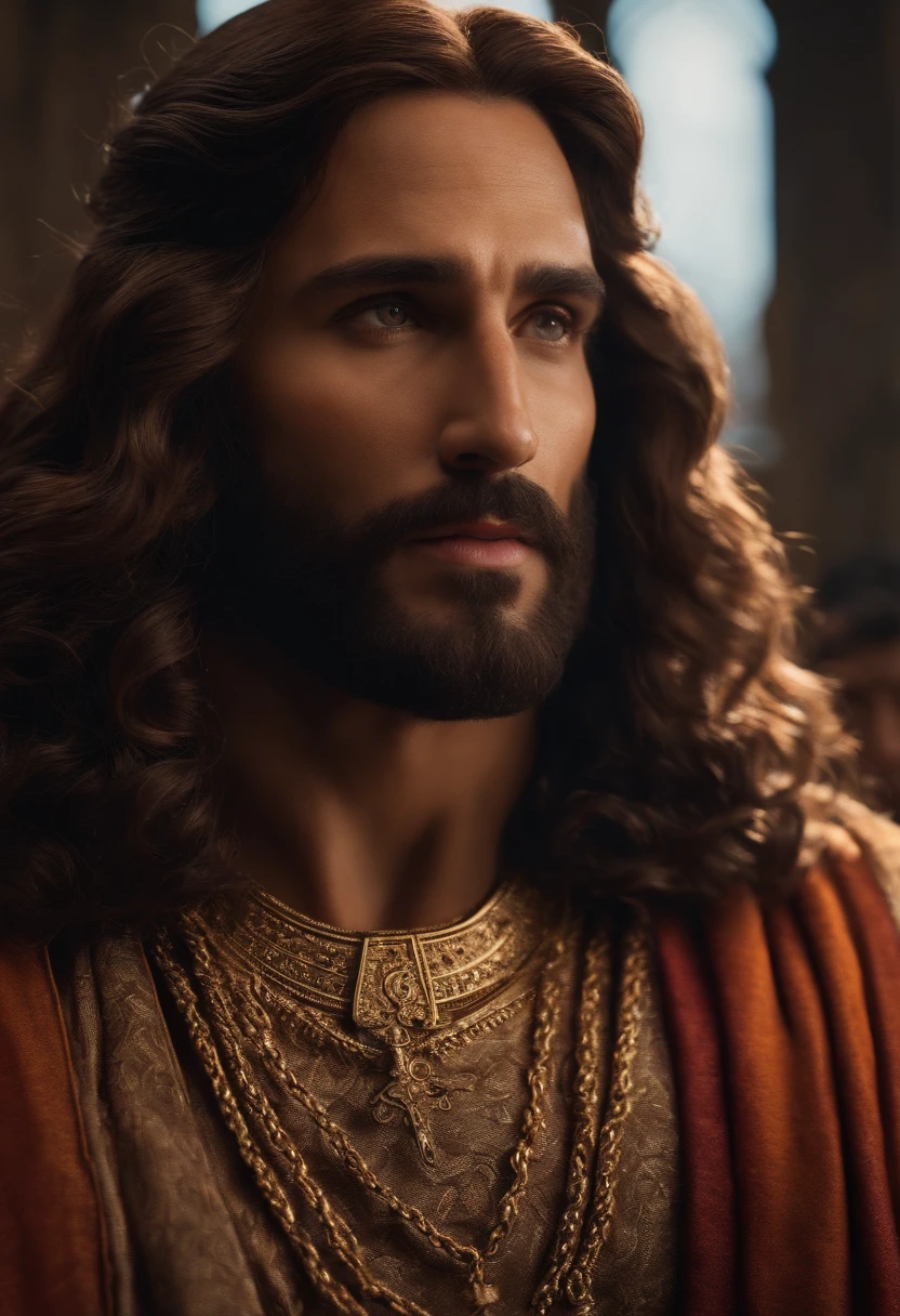 A profound and captivating portrait of Jesus, the divine Savior, a 33-year-old man with Hebrew origins, possessing short curly brown hair and a long lush brown beard. The scene captures Him in a serene moment, with an open-armed gesture, wearing a long flowing linen tunic that reveals a hint of his chest. The exquisite detailing brings the image to life, with a realistic and textured rendering in sharp focus against a celestial background. This stunning masterpiece elicits a sense of spiritual intimacy and transcendence, compelling the viewer to contemplate the depth of Jesus' divine essence. Bringing to mind the great works of Diego Vel