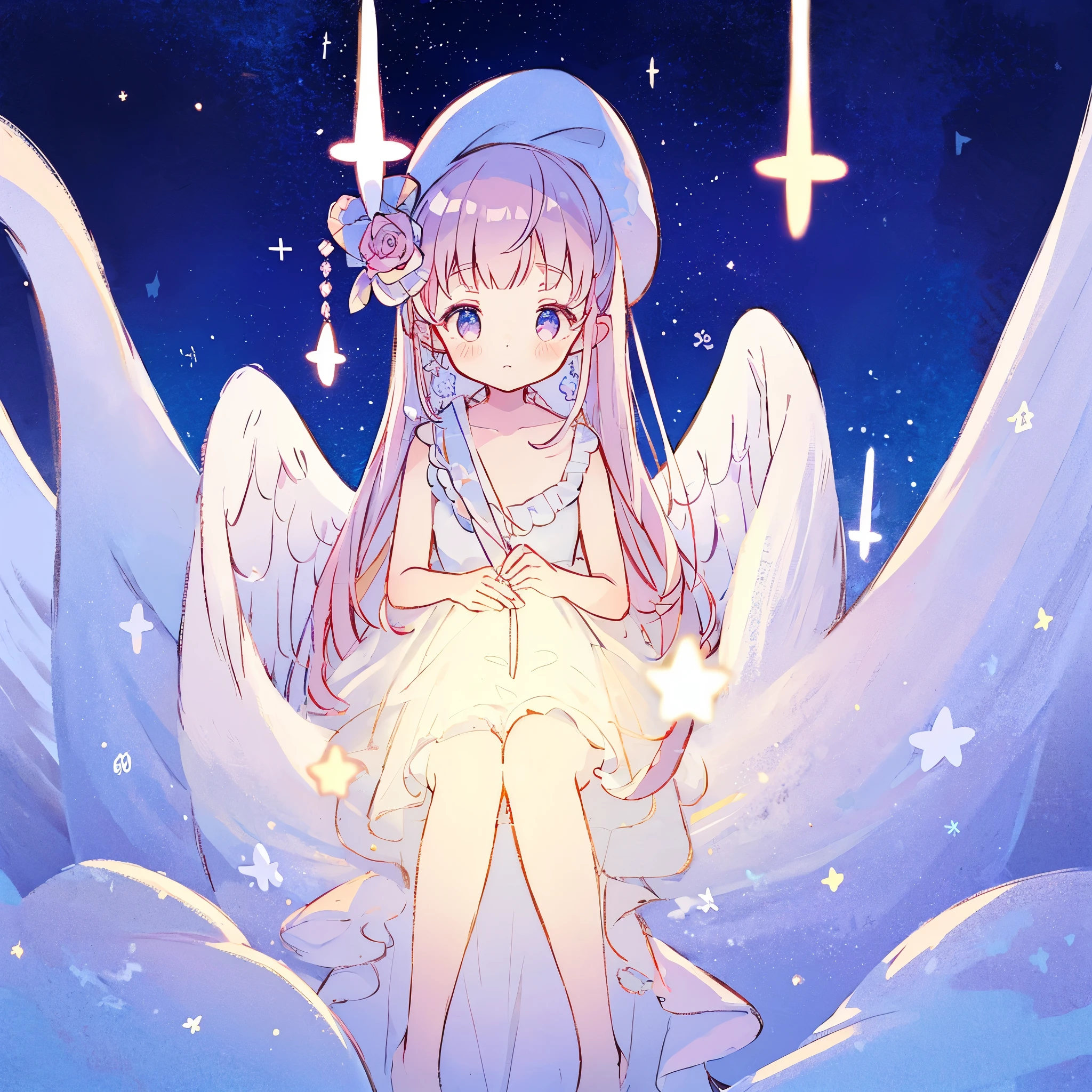wishing star background, magical, whimsical, fantasia, dreamy, serene composition, masterpiece, best quality, perfection, angel girl wearing an ethereal translucent dress that reflects the stars, complex drawing, highly detailed, ethereal, starry night, midjourney style