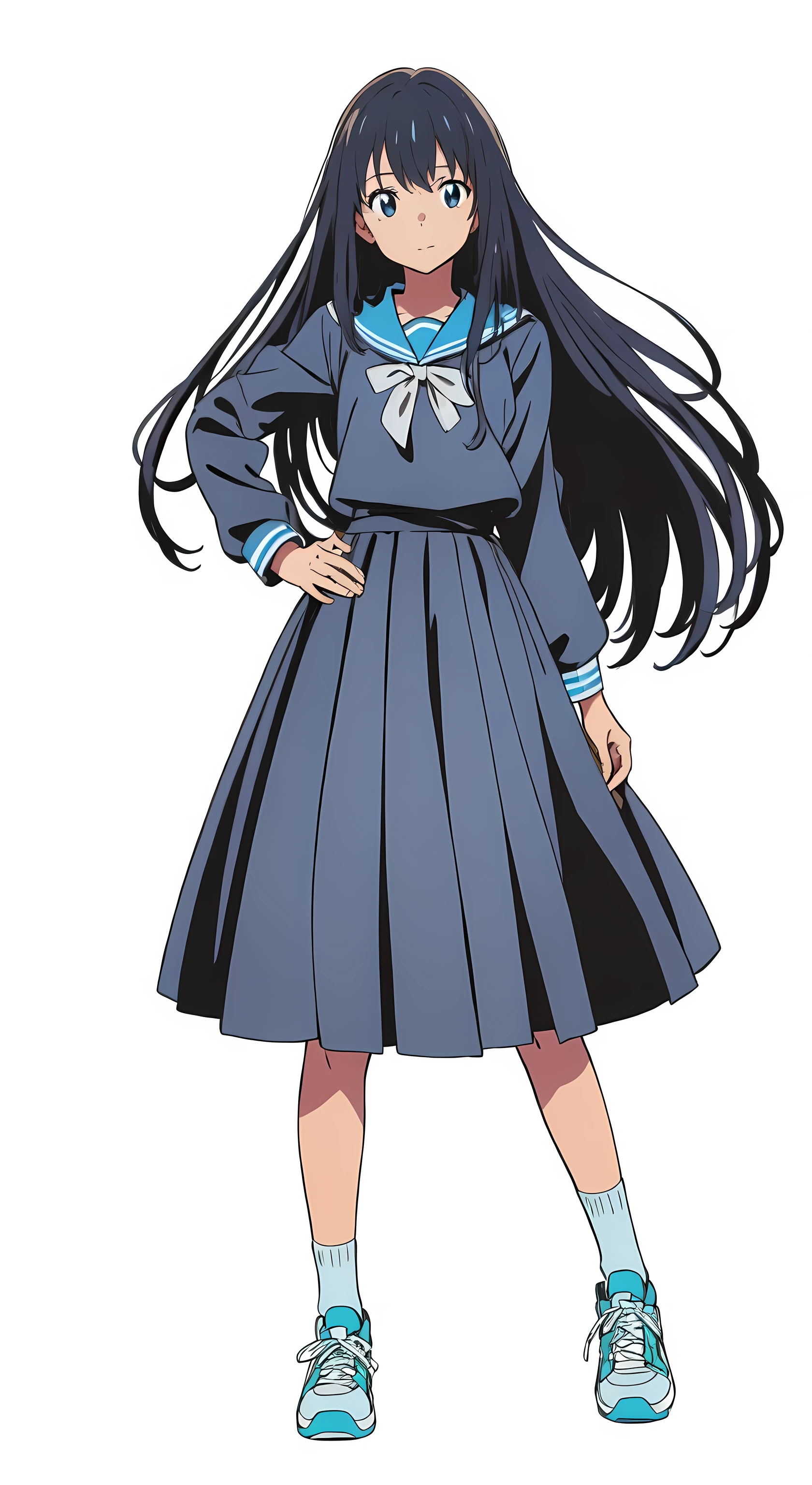 (white background:1.0), (best quality:1.0), (masterpiece:1.0), (super fine illustration:1.0), (beautiful artwork:1.0), (anime screencap:1.0), (official art:1.0), (solo:1.0), (JHSGA:1.0), (a cute girl:1.0), (long skirt:1.0), (dark blue skirt:1.0), (pleated skirt:1.0), (dark blue sailor uniform:1.0), (long sleeve sailor uniform:1.0), (sneakers:1.0), (white socks:1.0), (ideal ratio body proportions:1.0), (lanky:1.0), (tall:1.0), (slender:1.0), (small breasts:1.0), (smaller face:1.0), (tareme:1.0), (detailed beautiful eyes:1.0), (detailed beautiful face:1.0), (glowing black eyes:1.0), (medium hair:1.0), (black hair:1.0), (standing:1.0), (looking at viewer:1.0)