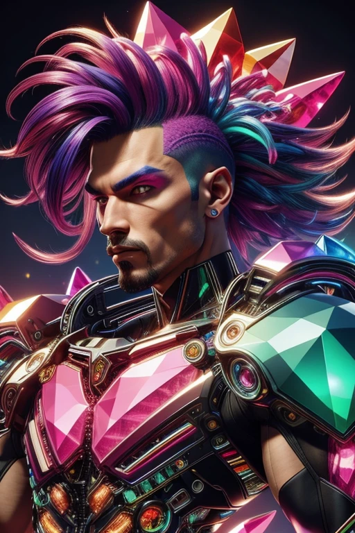 macho, cabelo de cores punk,  , Estilo escuro, neon glowing rainbow background, rainbow gems, gemtech 