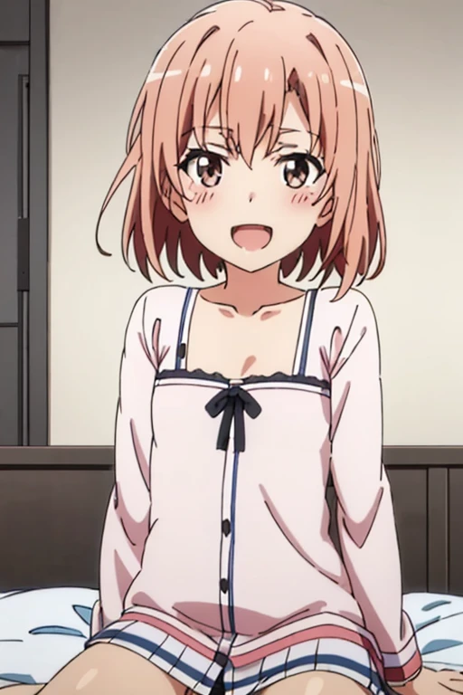 ((highest quality)), ((masterpiece)), (be familiar with), Perfect Face, indoor, Bedroom, Watching the audience,
One woman, Yuigahama Yui,
Open Mouth, Ecstatic expression, blush, smile,
Small breasts, Flat Chest, Young Girl, , , Girl,
Short Hair, Salmon-colored hair, Salmon-colored eyes, Side Pony,
Leg spread,