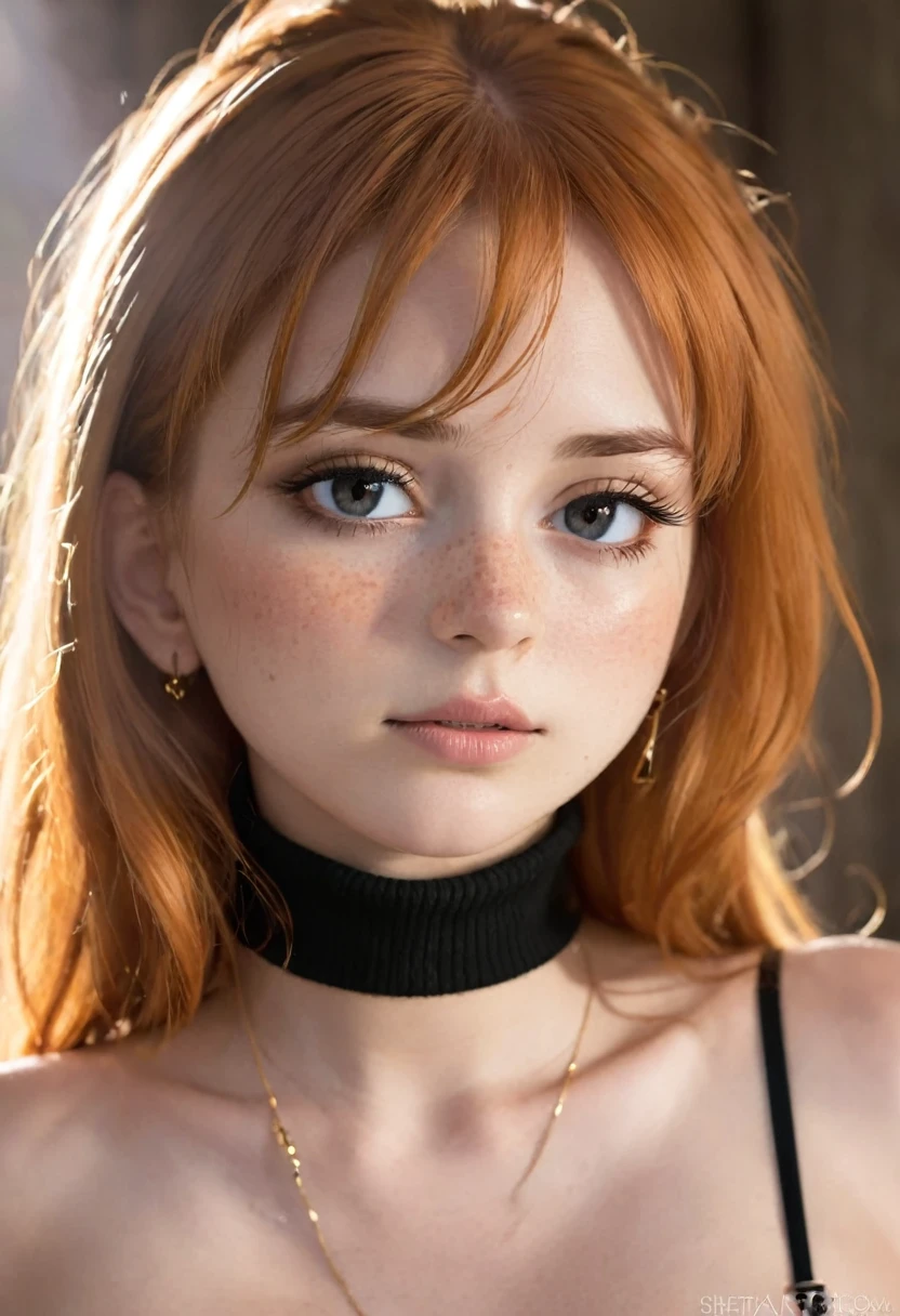 source_anime, (((extreme close up of burst of light, wool turtleneck sweater))) 1girl 18yo, backlighting, bare shoulders, black choker, blurry background, blush, breasts, choker, cleavage, closed mouth, collarbone, earrings, forehead, freckles, hair over shoulder, jewelry, long hair, looking down, pointy nose, lips glossy, shadow, solo, thick eyebrows, thick eyelashes, upper body, ginger hair, ((masterpiece))