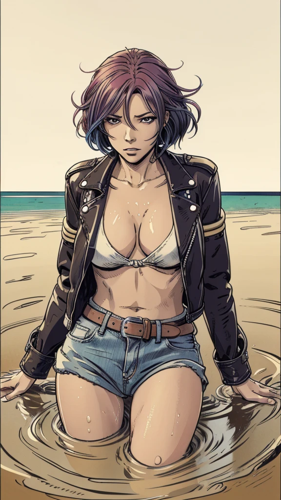 vector image, 2d cartoon,masterpiece, An anime woman,colored hair,jeans, leather biker jacket, blouse, sensually touch herself between legs, provocative pose, orgasm expression, drowning in quicksand up to waist