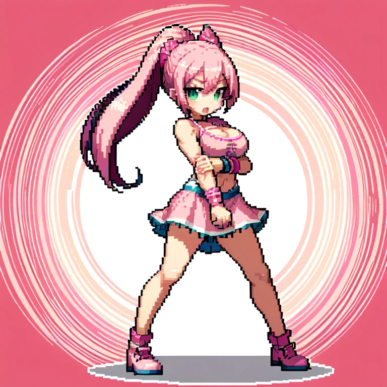 (masterpiece, top quality, best quality), pixel,pixel art,1girl,grey thong,grey bandana,pink hair horsetail,bosom,punch power,full body, 
 