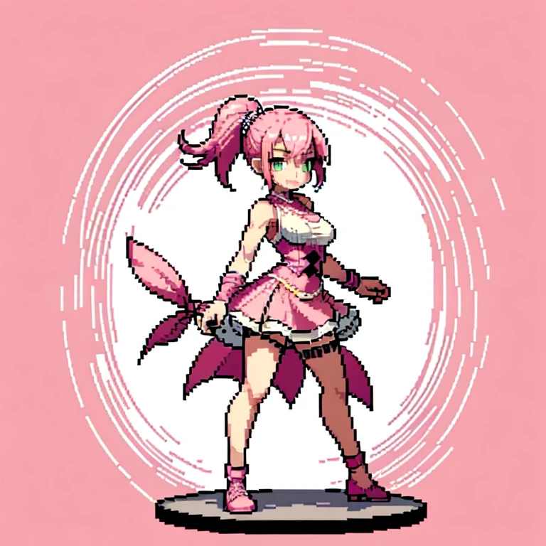 (masterpiece, top quality, best quality), pixel,pixel art,1girl,pink short dress,pink bandana,pink hair horsetail,bosom,punch power,full body, 
 