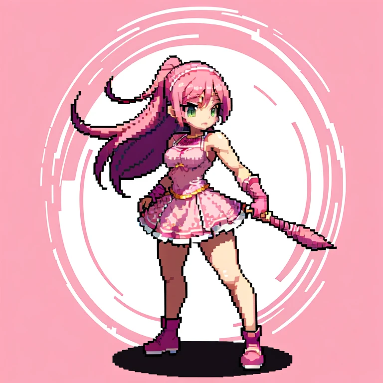 (masterpiece, top quality, best quality), pixel,pixel art,1girl,pink short dress,pink bandana,pink hair horsetail,bosom,punch power,full body, 
 